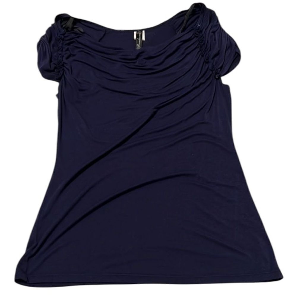 Rendezvous size small dark blue drapey front ruffly gathered cap sleeves EUC